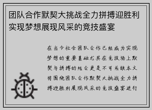 团队合作默契大挑战全力拼搏迎胜利实现梦想展现风采的竞技盛宴