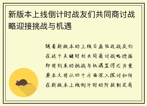 新版本上线倒计时战友们共同商讨战略迎接挑战与机遇