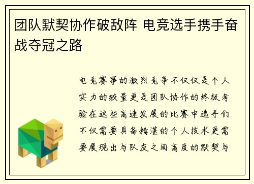 团队默契协作破敌阵 电竞选手携手奋战夺冠之路