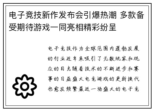 电子竞技新作发布会引爆热潮 多款备受期待游戏一同亮相精彩纷呈