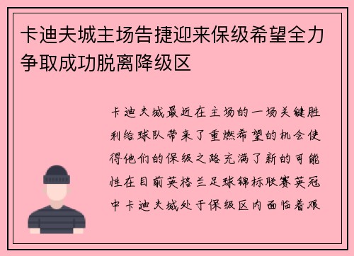 卡迪夫城主场告捷迎来保级希望全力争取成功脱离降级区