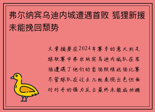 弗尔纳宾乌迪内城遭遇首败 狐狸新援未能挽回颓势