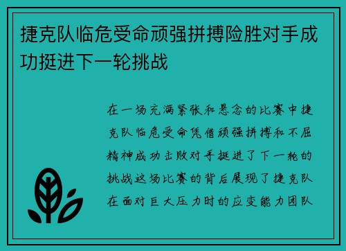 捷克队临危受命顽强拼搏险胜对手成功挺进下一轮挑战
