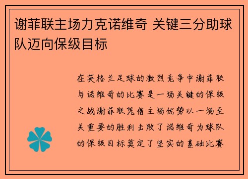 谢菲联主场力克诺维奇 关键三分助球队迈向保级目标