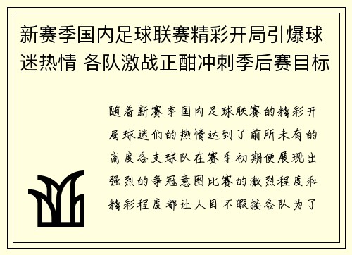 新赛季国内足球联赛精彩开局引爆球迷热情 各队激战正酣冲刺季后赛目标