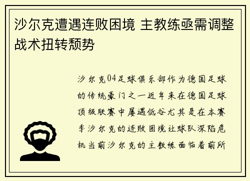 沙尔克遭遇连败困境 主教练亟需调整战术扭转颓势