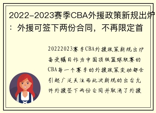 2022-2023赛季CBA外援政策新规出炉：外援可签下两份合同，不再限定首发出场次数