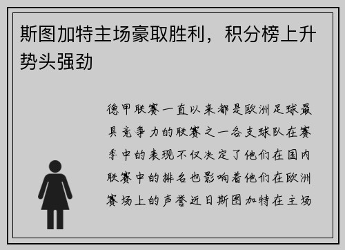 斯图加特主场豪取胜利，积分榜上升势头强劲