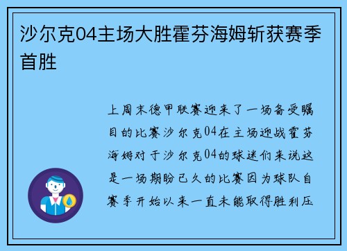 沙尔克04主场大胜霍芬海姆斩获赛季首胜