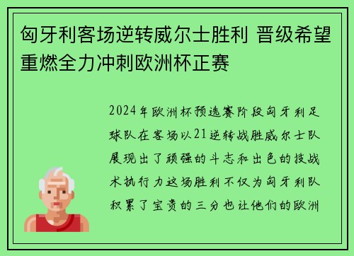 匈牙利客场逆转威尔士胜利 晋级希望重燃全力冲刺欧洲杯正赛
