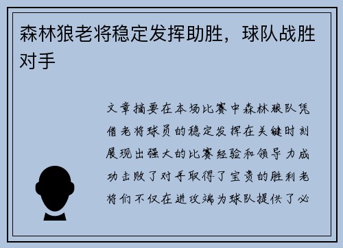 森林狼老将稳定发挥助胜，球队战胜对手