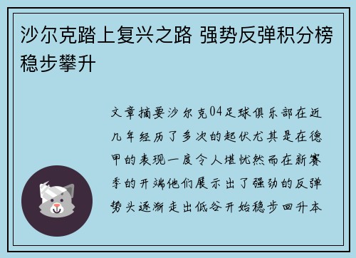 沙尔克踏上复兴之路 强势反弹积分榜稳步攀升