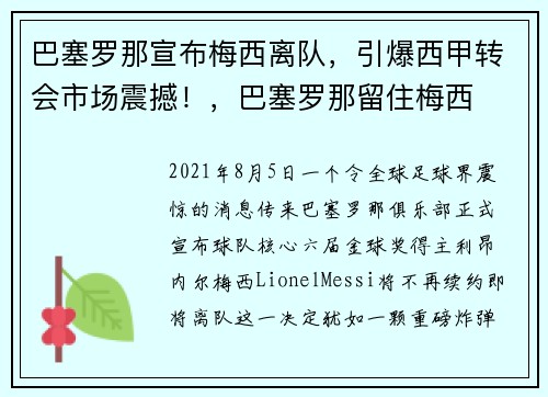 巴塞罗那宣布梅西离队，引爆西甲转会市场震撼！，巴塞罗那留住梅西