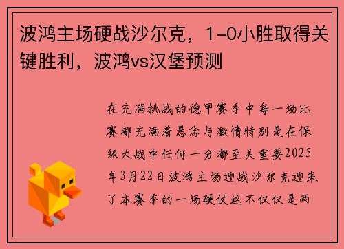 波鸿主场硬战沙尔克，1-0小胜取得关键胜利，波鸿vs汉堡预测