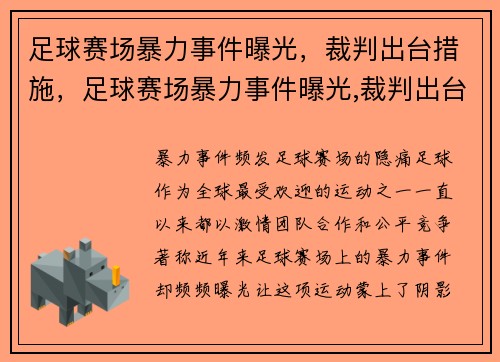 足球赛场暴力事件曝光，裁判出台措施，足球赛场暴力事件曝光,裁判出台措施是什么