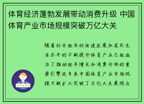 体育经济蓬勃发展带动消费升级 中国体育产业市场规模突破万亿大关