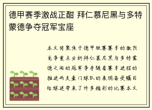 德甲赛季激战正酣 拜仁慕尼黑与多特蒙德争夺冠军宝座