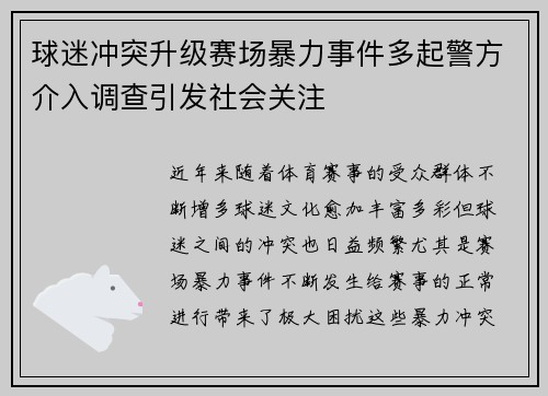 球迷冲突升级赛场暴力事件多起警方介入调查引发社会关注