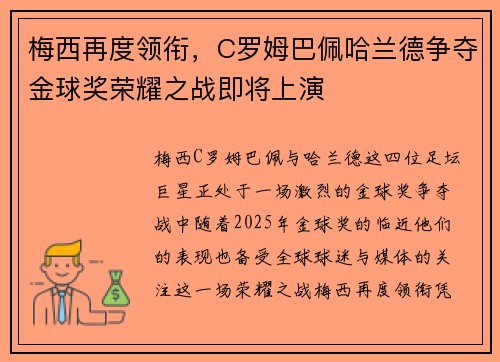 梅西再度领衔，C罗姆巴佩哈兰德争夺金球奖荣耀之战即将上演